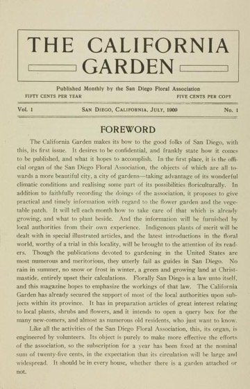 Historical Garden Books - 130 in a series - California Garden, Vol. 1, No. 1, July-August 1909 (Reprint 1959)