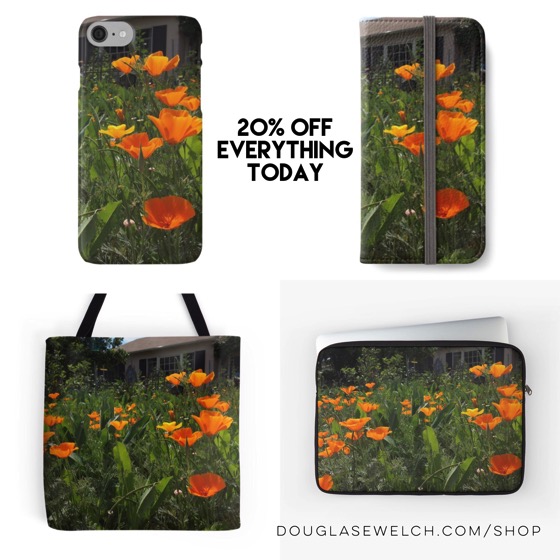 20% Off Everything Today — !including these “California Poppies in the Garden” cases, covers and totes.