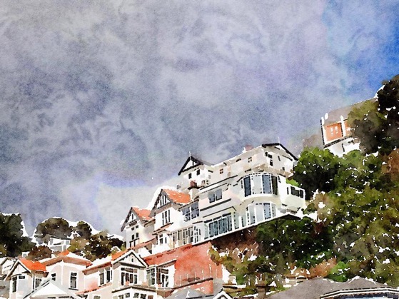 Stormy skies and Victorian architecture overlooking Oriental Parade. Wellington, New Zealand in Watercolor 