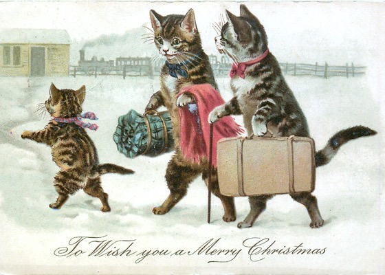Order Now! “To Wish You A Merry Christmas” Vintage Christmas Postcard (1907) with Cat Family Heading to Station Christmas Cards from Douglas E. Welch Design and Photography [For Sale]