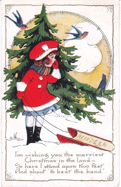 Order Now! Vintage Christmas Card with Girl, Sled and Evergreen Christmas Cards from Douglas E. Welch Design and Photography [For Sale]
