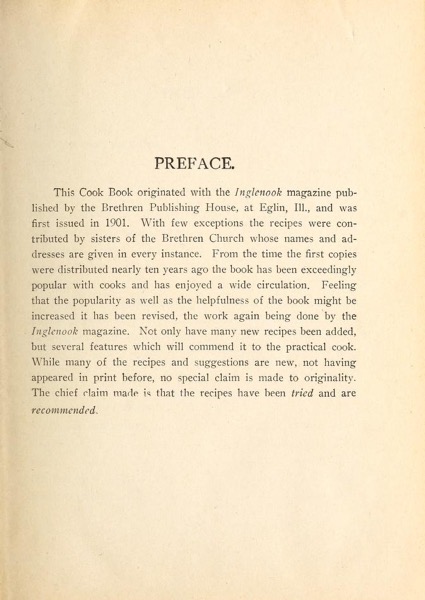 Historical Cooking Books - 88 in a series - The Inglenook cook book (1911) Preface