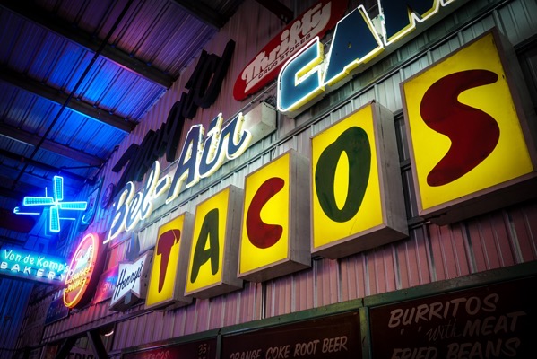 Signs from Henry’s Tacos and Bel-Air Camera Signs, Valley Relics Museum, Van Nuys, California