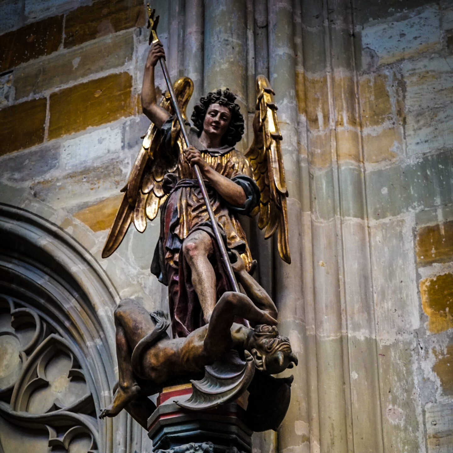 Statue of Archangel Michael fighting the Devil, St. Vitus Cathedral, Prague Architecture 40, Prague, Czechia (2 photos) [Photography]