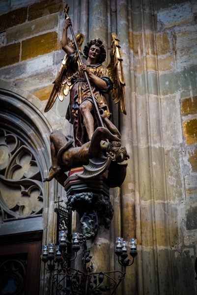 Statue of Archangel Michael fighting the Devil, St. Vitus Cathedral, Prague Architecture 40, Prague, Czechia (2 photos)