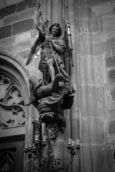 Statue of Archangel Michael fighting the Devil, St. Vitus Cathedral, Prague Architecture 40, Prague, Czechia (2 photos)