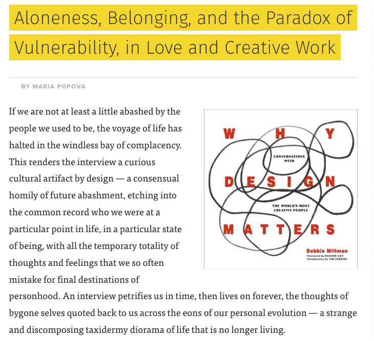 Aloneness, Belonging, and the Paradox of Vulnerability, in Love and Creative Work – The Marginalian [Shared]