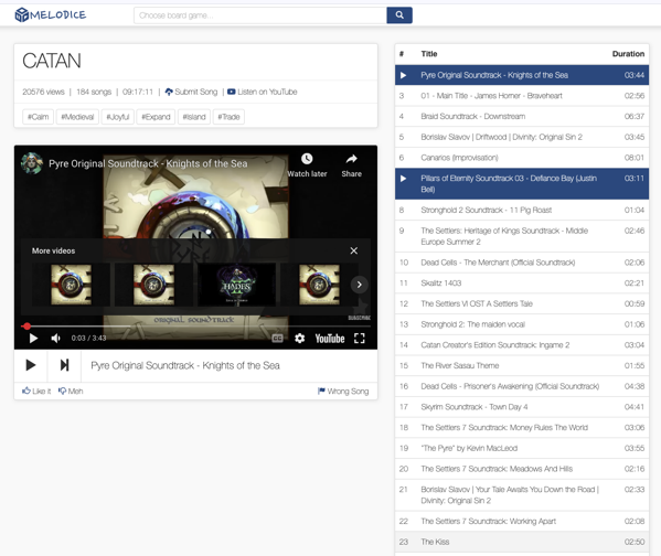Melodice – crowdsourced website with music playlists for board games. [Shared]
