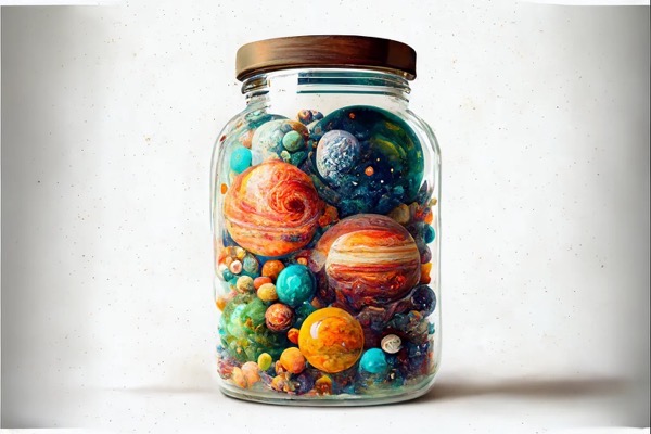  The image features a clear glass jar with a wooden lid, filled with colorful, spherical objects resembling planets. The jar is set against a plain, light-colored background, which enhances the vivid colors of the contents. The spheres vary in size and color, with prominent hues of orange, blue, green, and red. Some spheres have detailed textures and patterns, mimicking the appearance of planets like Jupiter and Saturn, with visible bands and spots. The arrangement of the spheres is random, creating a visually appealing and cosmic scene. The jar is filled to the brim, with the spheres densely packed, showcasing a miniature representation of the solar system.</p>

<p>Provided by @altbot, generated privately and locally using Ovis2-8B