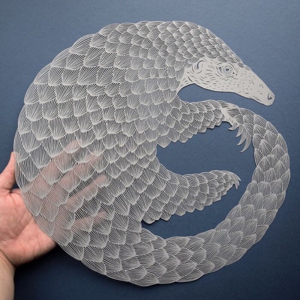 The image features a detailed paper cutout of a pangolin, a scaly mammal, arranged in a circular form. The pangolin is depicted with intricate lines representing its scales, creating a textured appearance. The cutout is held by a hand, providing a sense of scale. The background is a solid dark blue, which contrasts with the light-colored paper, making the pangolin stand out prominently. The pangolin's head is positioned at the top of the circle, with its body curving around to form the circular shape. The tail is visible, extending from the bottom right, and the overall design is symmetrical. The craftsmanship is evident in the precision of the lines and the delicate nature of the cutout.</p>

<p>Provided by @altbot, generated privately and locally using Ovis2-8B