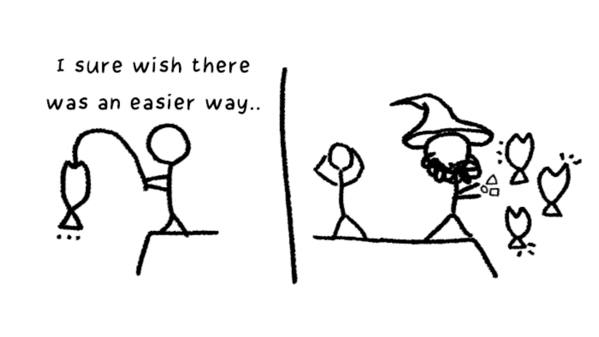 The image is a two-panel cartoon. In the first panel, a stick figure is holding a fishing rod with a fish at the end, and the text above reads, I sure wish there was an easier way... The stick figure appears to be struggling with the fishing rod. In the second panel, a different stick figure wearing a wizard hat is casting a spell, with several fish appearing magically around them. The stick figure in the first panel looks surprised and is raising their hands in disbelief. The background is plain white, and the drawing style is simple and cartoonish.
Provided by @altbot, generated privately and locally using Ovis2-8B
