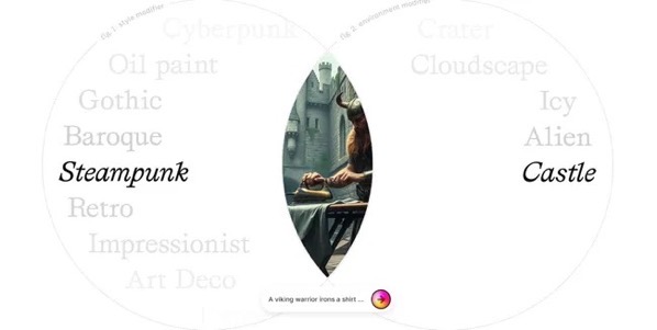 The image features a central oval-shaped illustration depicting a Viking warrior ironing a shirt. The warrior is wearing a horned helmet and is seated at a table with a castle in the background. The scene is rendered in a style that combines elements of steampunk and medieval aesthetics. Surrounding the central image are various words in a circular pattern, including Cyberpunk, Oil paint, Gothic, Baroque, Steampunk, Retro, Impressionist, Art Deco, Crater, Cloudscape, Icy, Alien, and Castle. These words suggest a mix of artistic and thematic influences. At the bottom of the image, there is a caption that reads, A viking warrior irons a shirt... followed by a small emoji. The overall composition is symmetrical, with the central image framed by the words, creating a visually engaging and thought-provoking design.</p></p>

<p><p>Provided by @altbot, generated privately and locally using Ovis2-8B