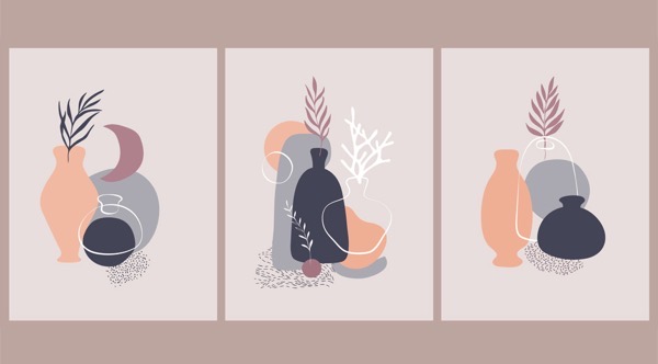 The image consists of three abstract artworks arranged side by side, each featuring a minimalist composition with vases, plants, and geometric shapes. The background is a soft beige color, providing a neutral canvas for the elements.</p>

<p>In the first artwork on the left, there is a peach-colored vase with a plant, a dark blue vase, and a gray circular shape. A crescent moon shape in a muted purple color is also present, along with small dotted patterns at the base.</p>

<p>The middle artwork features a dark blue vase with a plant, a peach-colored vase, and a gray circular shape. A white curved line and a small red sphere are also included, with dotted patterns at the base.</p>

<p>The third artwork on the right shows a peach-colored vase with a plant, a dark blue vase, and a gray circular shape. A white curved line and a small dotted pattern at the base are present.</p>

<p>Each artwork uses a limited color palette of muted tones, including peach, dark blue, gray, and white, creating a harmonious and balanced visual effect.</p>

<p>Provided by @altbot, generated privately and locally using Ovis2-8B