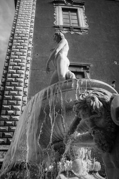 The image depicts a classical fountain with a statue of a nude figure standing atop a large, round basin. The statue, likely representing a mythological or historical figure, is positioned with its back to the viewer, gazing downward. Water cascades over the edge of the basin, creating a dynamic flow that adds movement to the scene. The fountain is intricately designed, with a sculpted figure at the base, possibly a sea creature, from which water emerges. The background features a building with ornate architectural details, including a window with decorative trim. The photograph is in black and white, emphasizing the textures and contrasts between the stone of the statue and the flowing water. A bird is perched on the edge of the fountain, adding a touch of life to the scene.</p>

<p>Provided by @altbot, generated privately and locally using Ovis2-8B