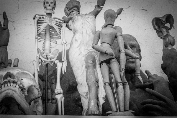  The image features a collection of various human figures and skeletal models arranged closely together. In the center, a human skeleton stands upright, with a draped cloth-like material partially covering its body. To the right, a wooden mannequin with articulated joints is positioned, appearing to interact with the skeleton. A classical statue of a draped figure is also present, with one arm raised. The background is a textured wall, enhancing the focus on the figures. The overall composition is monochromatic, emphasizing the textures and forms of the objects.</p></p>

<p><p>Provided by @altbot, generated privately and locally using Ovis2-8B