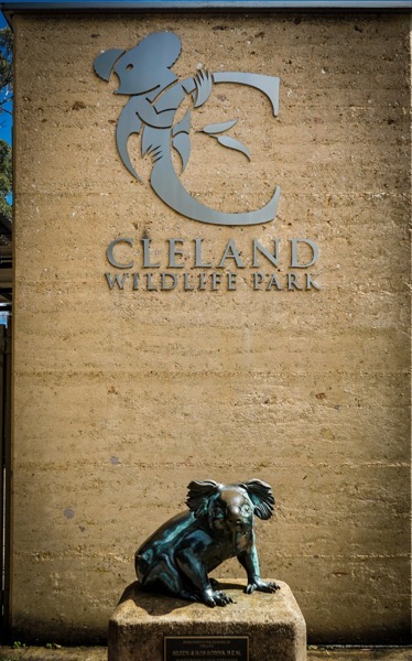 The image features a wall with a sign and a statue. The sign is mounted on a textured, beige wall and displays the logo of Cleland Wildlife Park, which includes a stylized koala holding a fish, integrated into the letter "C." Below the logo, the text "CLELAND WILDLIFE PARK" is inscribed in capital letters. In front of the sign, there is a bronze statue of a koala sitting on a stone pedestal. The statue is detailed, with visible fur texture and large ears, and it appears to be gazing forward. A plaque on the pedestal reads "IN MEMORY OF Aileen & Harold Deane." The overall setting suggests an entrance or a significant area within the wildlife park.</p>

<p>Provided by @altbot, generated privately and locally using Ovis2-8B