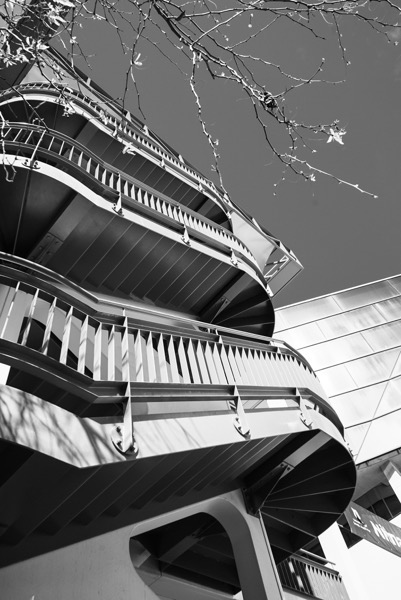 The image is a black and white, low-angle photograph of an exterior building. A multi-tiered structure dominates the frame, featuring curved concrete balconies extending outwards. The balconies are supported by distinctive, angled columns. The top of the building fades into a gray sky. A few bare tree branches are visible in the upper left corner, creating a sense of depth. There is no text visible in the image.</p>

<p>Provided by @altbot, generated privately and locally using Gemma3:12b
