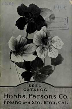The image is a black and white photograph of a seed catalog page from 1914, featuring a close-up of nasturtium flowers. The flowers are depicted in various shades of dark and light, with prominent dark centers and lighter petals. The catalog is from Hobbs, Parsons Co., located in Fresno and Stockton, California. The top left corner has a handwritten date "62.09," and the top right corner has "1914" written in blue ink. A blue stamp with the text "U.S. Department of Agriculture" and "RECEIVED" is visible, indicating the catalog's official status. The bottom of the image includes the text "SEED CATALOG" and "Hobbs, Parsons Co. Fresno and Stockton, Cal."

Provided by @altbot, generated privately and locally using Ovis2-8B