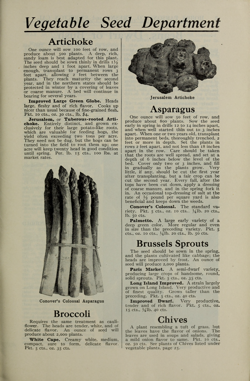 The image is a page from a vintage seed catalog titled "Vegetable Seed Department." The page is divided into sections, each featuring a different vegetable and its description. The top section is about the Artichoke, with an illustration of a Jerusalem Artichoke. The middle section is dedicated to Asparagus, with an image of Conover's Colonial Asparagus. The bottom left section discusses Broccoli, while the bottom right section covers Brussels Sprouts, Chives, and other vegetables. Each section includes detailed information on planting, care, and varieties, such as "Improved Large Green Globe" for Artichoke and "Paris Market" for Brussels Sprouts. The text is in black on a cream-colored background, typical of early 20th-century print materials.
―
The image is a black and white photograph of a seed catalog page from 1914, featuring a close-up of nasturtium flowers. The flowers are depicted in various shades of dark and light, with prominent dark centers and lighter petals. The catalog is from Hobbs, Parsons Co., located in Fresno and Stockton, California. The top left corner has a handwritten date "62.09," and the top right corner has "1914" written in blue ink. A blue stamp with the text "U.S. Department of Agriculture" and "RECEIVED" is visible, indicating the catalog's official status. The bottom of the image includes the text "SEED CATALOG" and "Hobbs, Parsons Co. Fresno and Stockton, Cal."

Provided by @altbot, generated privately and locally using Ovis2-8B