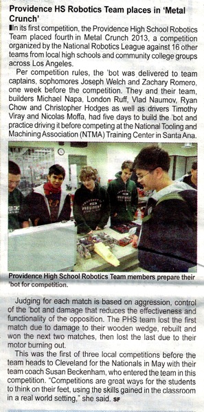 Photo: Douglas’ photo appears in “The Tidings” today – Providence High Robotics Team