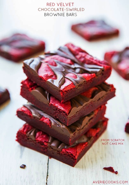 14 Hours of Valentine’s Day #14: Red Velvet Chocolate-Swirled Brownie Bars from Averie Cooks
