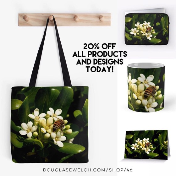 20% OFF Everything Today – Honeybee At Her Springtime Work on Totes, Cards, Laptop Sleeves, and Much More!