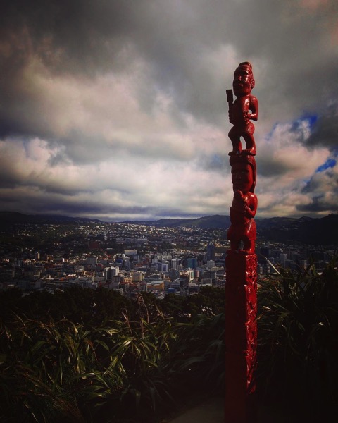 A Maori statue (Pou) on the ridge of Mount Victoria (Tangi-ke-teo), Wellington, New Zealand