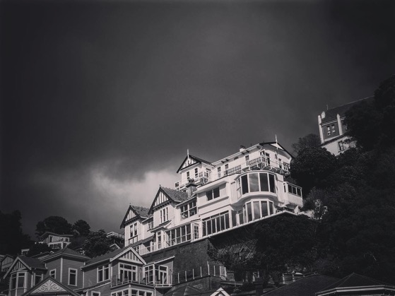 Stormy skies and Victorian architecture overlooking Oriental Parade. Wellington, New Zealand