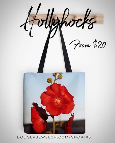 Dress up your Day with these Red Hollyhock Totes, Cards, Cases, Pillows and More!